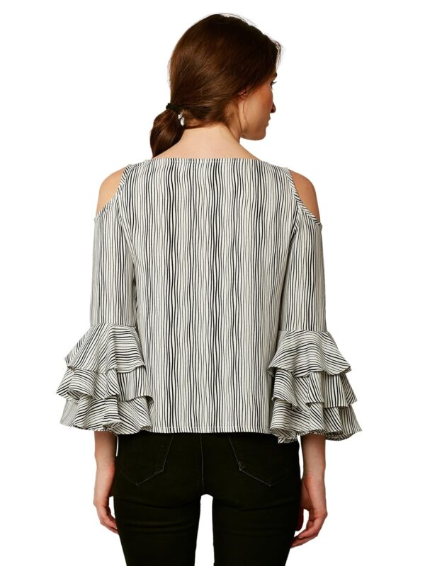 Women's Black and White Ruffled Cold Shoulder Top - Image 4