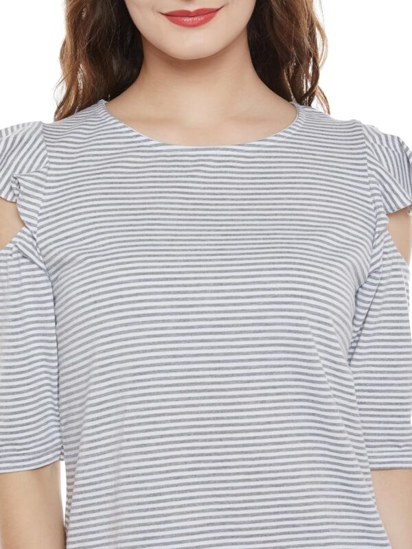 Women's Grey and White Striped Cold Shoulder Top - Image 5