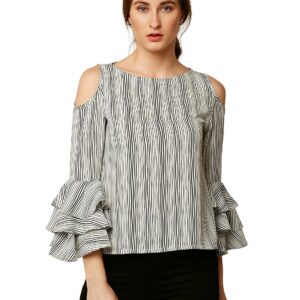 Women's Black and White Ruffled Cold Shoulder Top