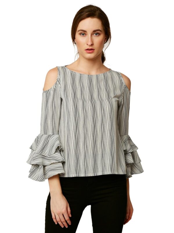 Women's Black and White Ruffled Cold Shoulder Top