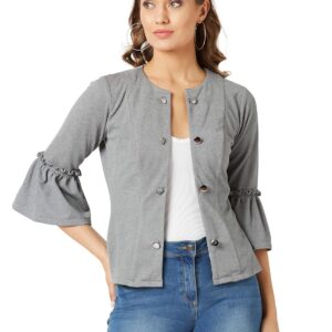 Women's Grey Solid Ruffle Jacket