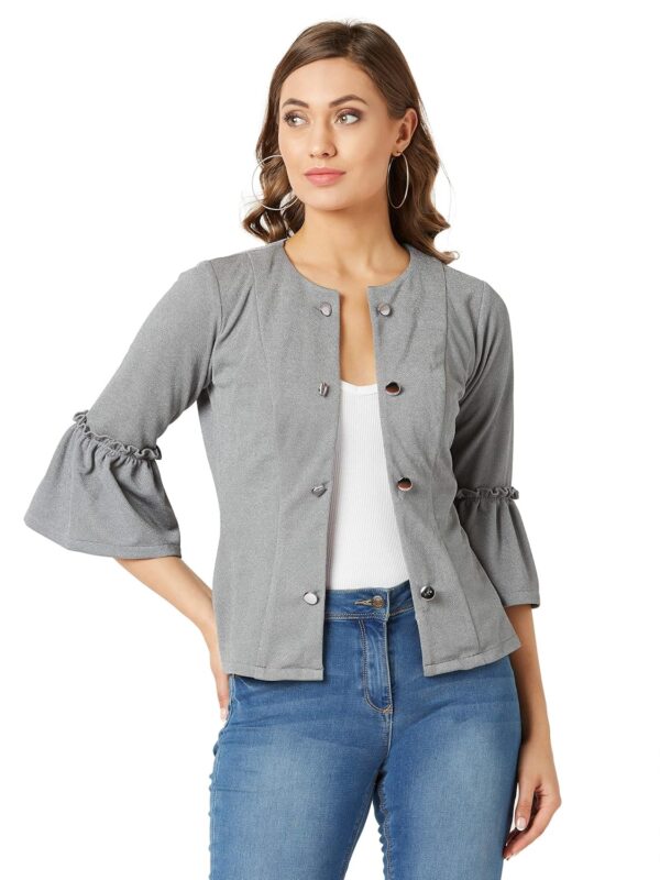 Women's Grey Solid Ruffle Jacket