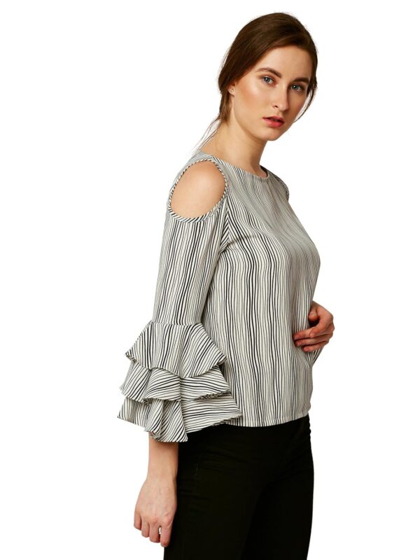 Women's Black and White Ruffled Cold Shoulder Top - Image 3